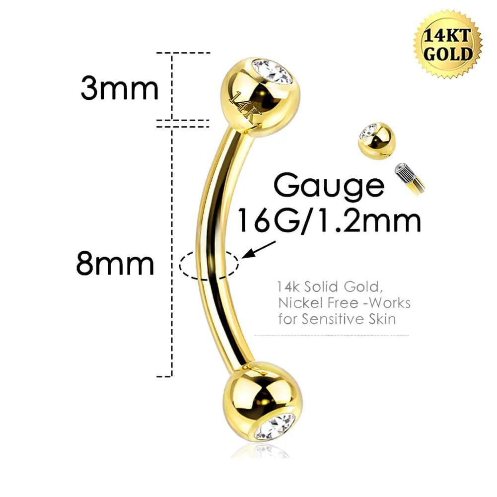 14K Solid Gold Curved Eyebrow Ring 16G Rook Earring