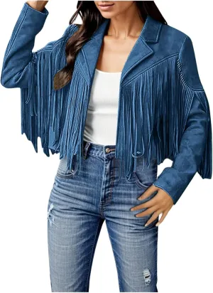 2023 Womens Fringe Jackets Fashion Cropped Petite Coats Tassel Motorcycle Short Jacket Trendy Casual Outerwear Overcoat