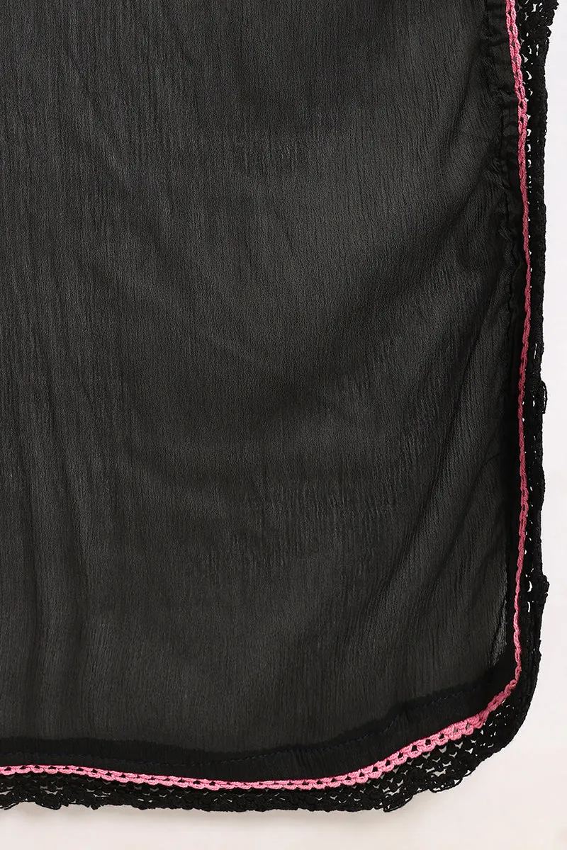 Black Cotton Embroidered Straight Suit Set
