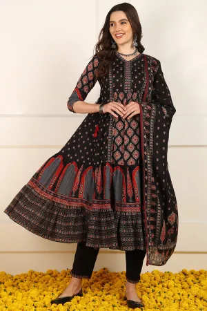 Black Cotton Ethnic Printed Anarkali Suit Set