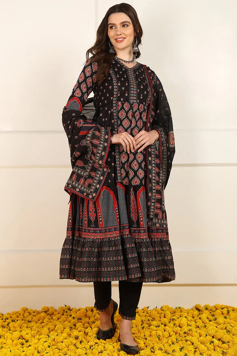 Black Cotton Ethnic Printed Anarkali Suit Set