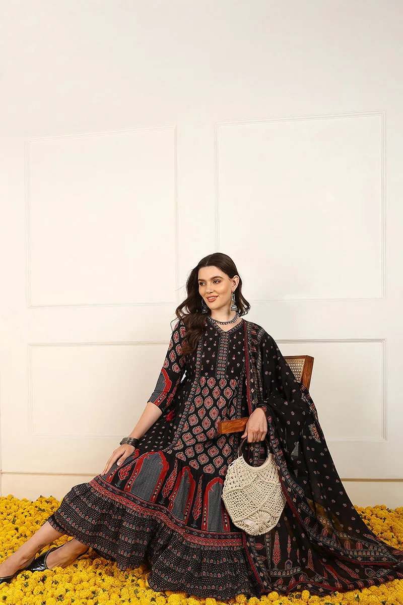 Black Cotton Ethnic Printed Anarkali Suit Set