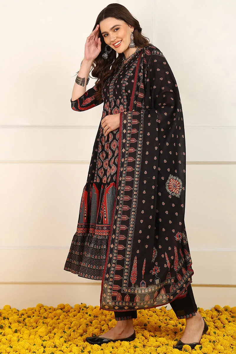 Black Cotton Ethnic Printed Anarkali Suit Set