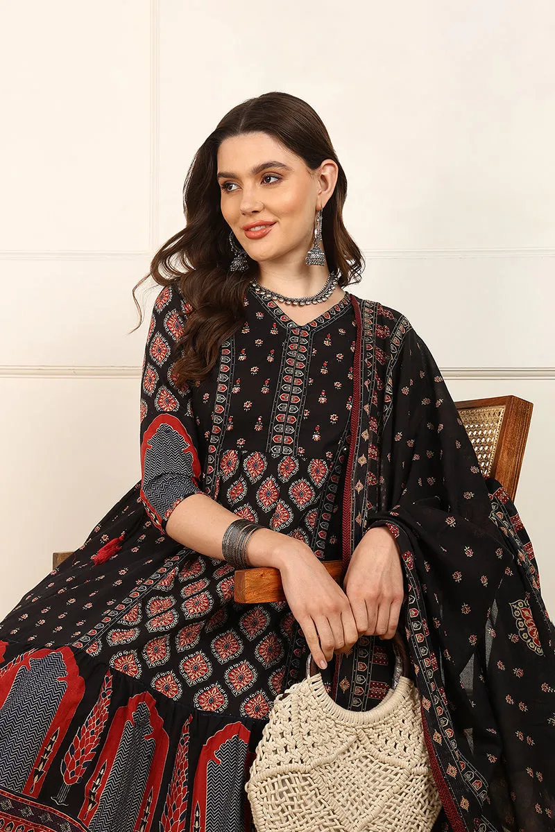 Black Cotton Ethnic Printed Anarkali Suit Set