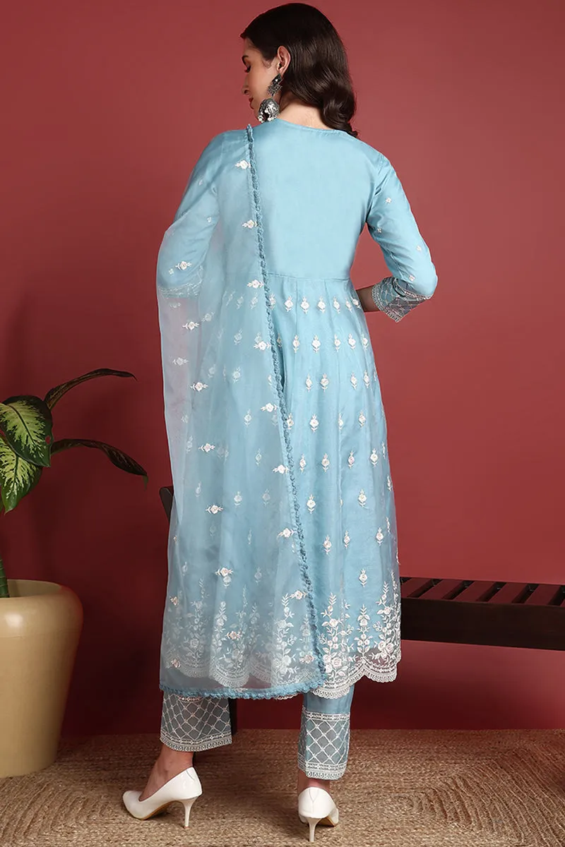 Blue Organza Solid Embroidered Anarkali Suit Set