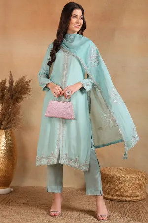 Blue Silk Blend Solid Embroidered A Line Trouser Suit Set