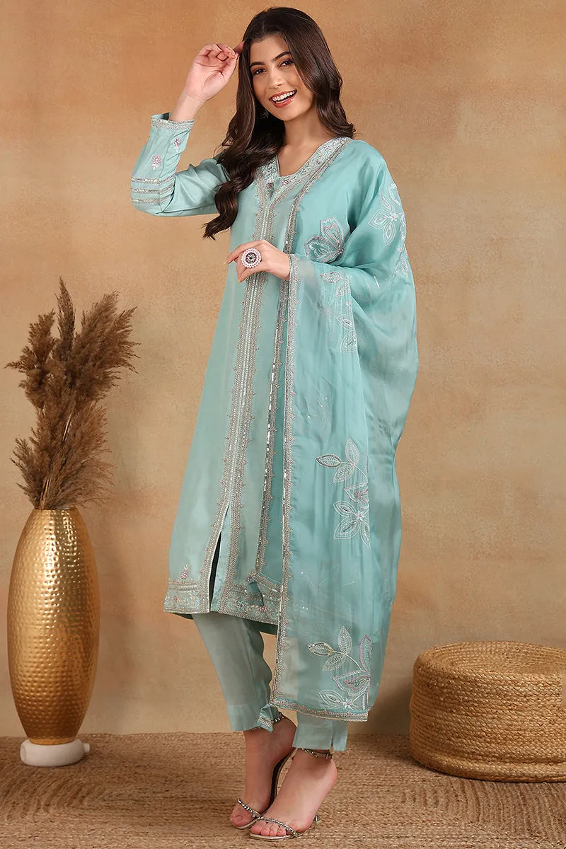 Blue Silk Blend Solid Embroidered A Line Trouser Suit Set