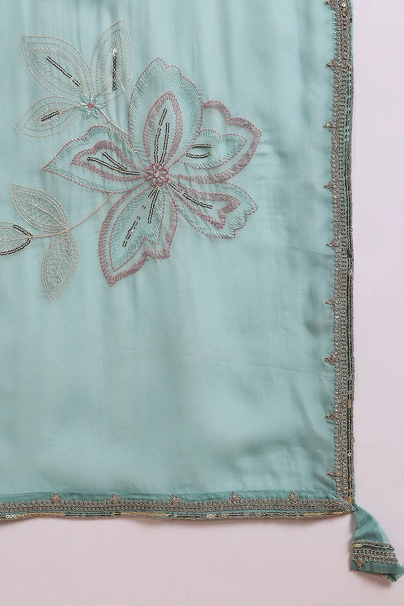 Blue Silk Blend Solid Embroidered A Line Trouser Suit Set