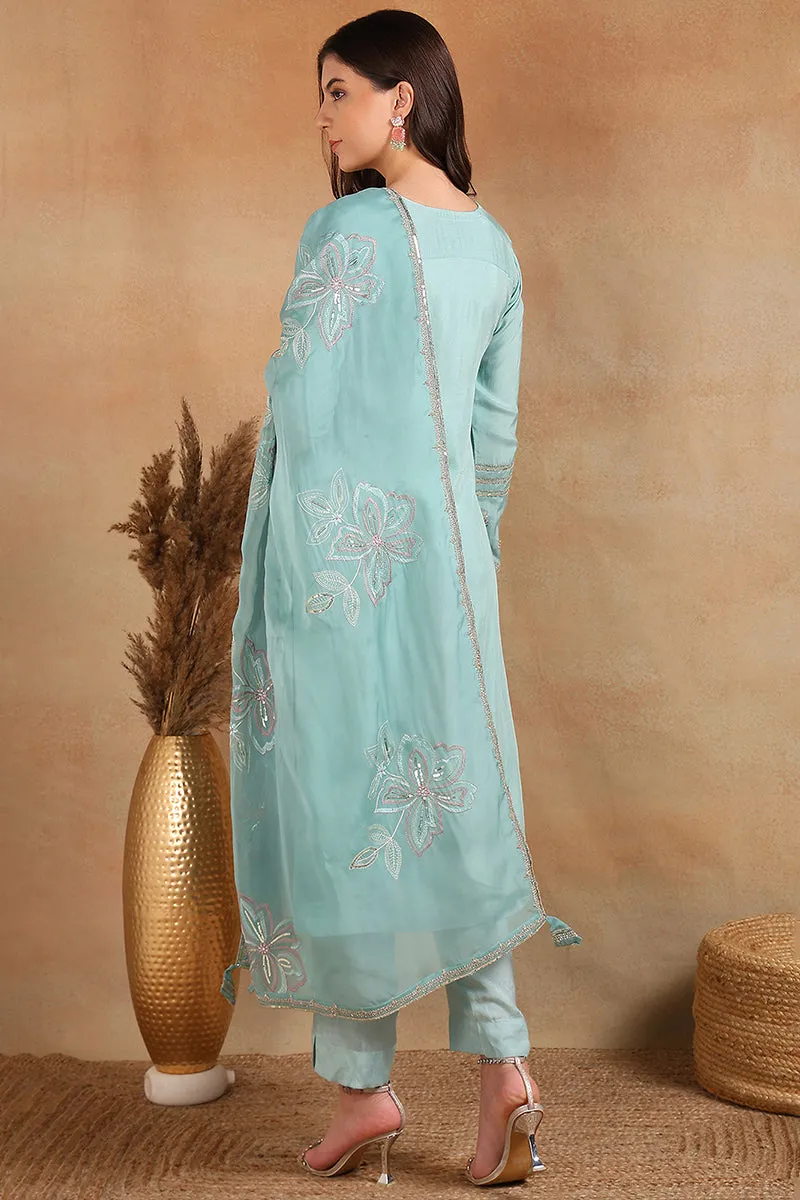 Blue Silk Blend Solid Embroidered A Line Trouser Suit Set