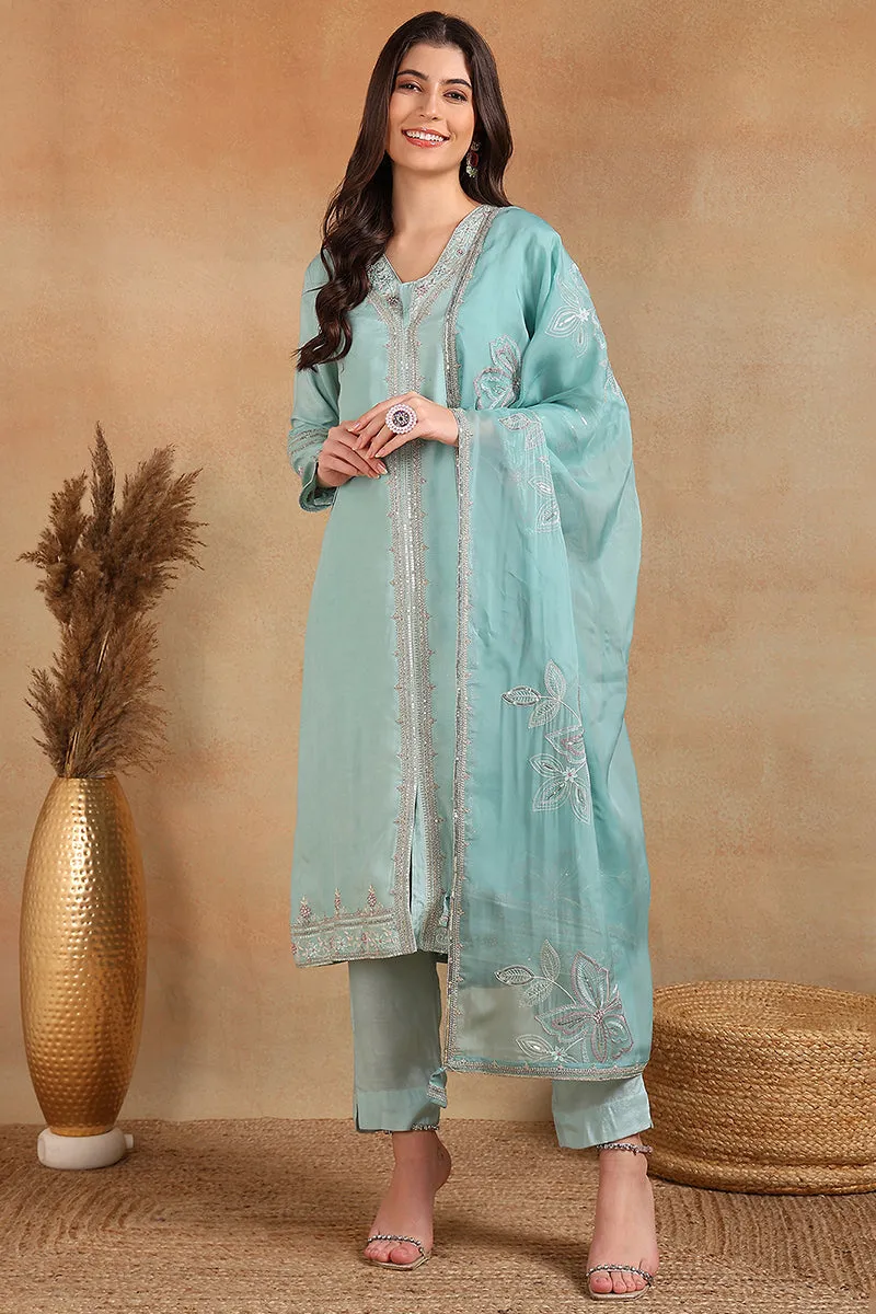 Blue Silk Blend Solid Embroidered A Line Trouser Suit Set