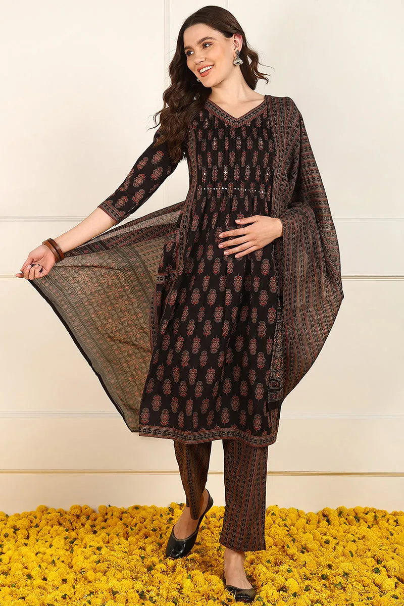 Brown Cotton Ethnic Printed A Line Suit Set