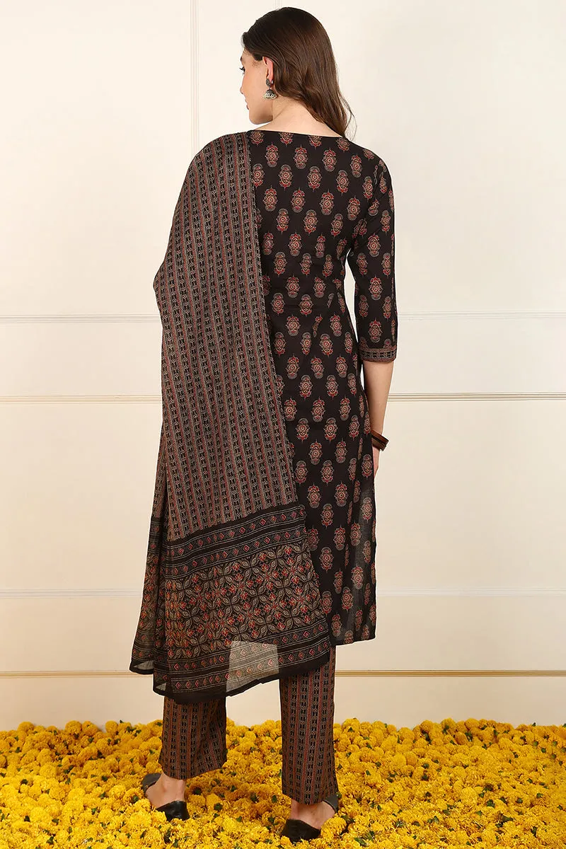Brown Cotton Ethnic Printed A Line Suit Set