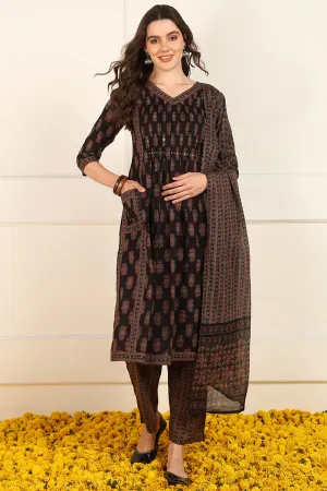 Brown Cotton Ethnic Printed A Line Suit Set