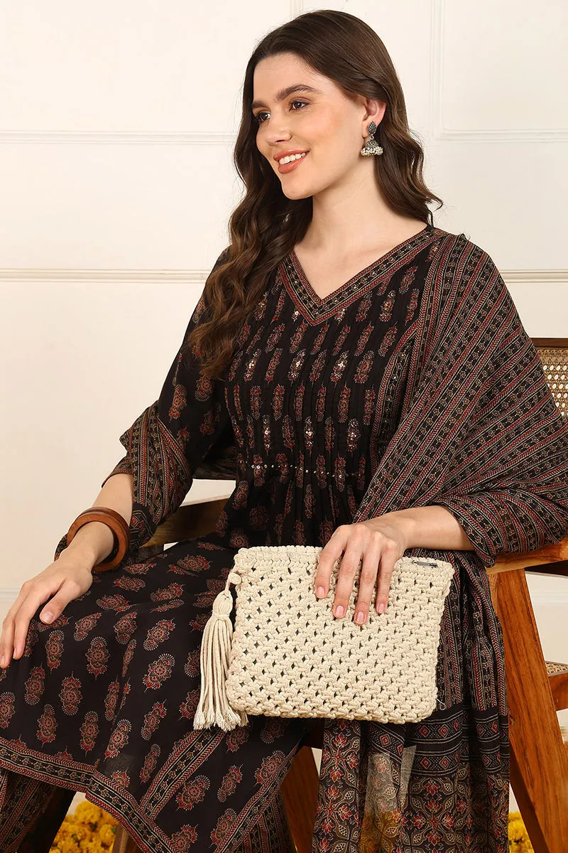 Brown Cotton Ethnic Printed A Line Suit Set