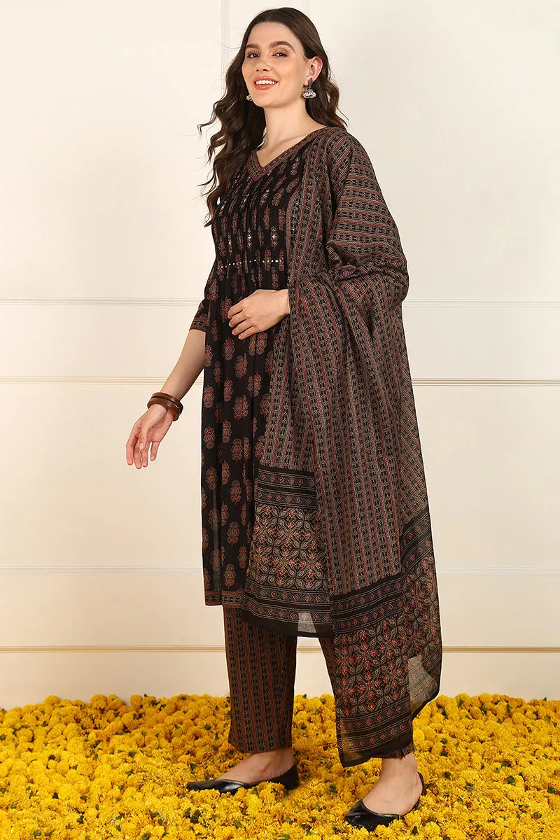 Brown Cotton Ethnic Printed A Line Suit Set