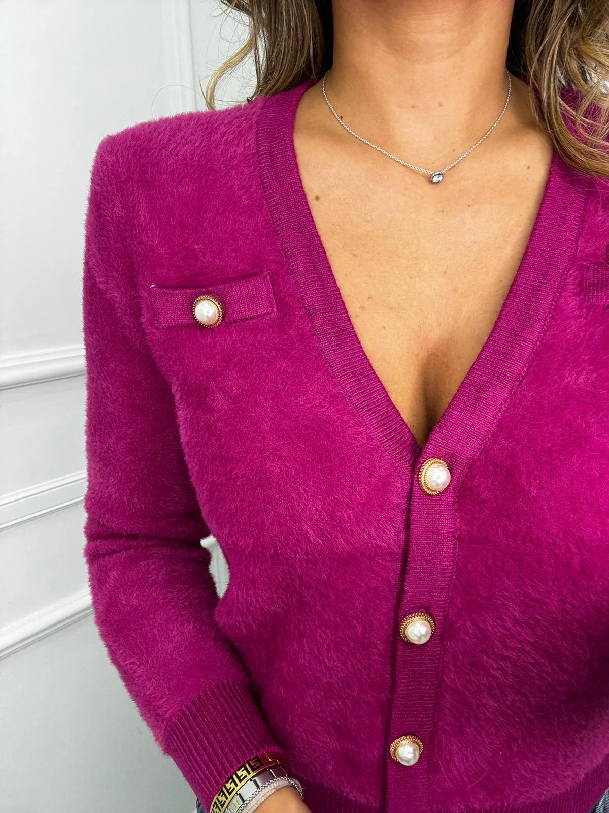 Cardigan in pelo scollo a V tinta unita