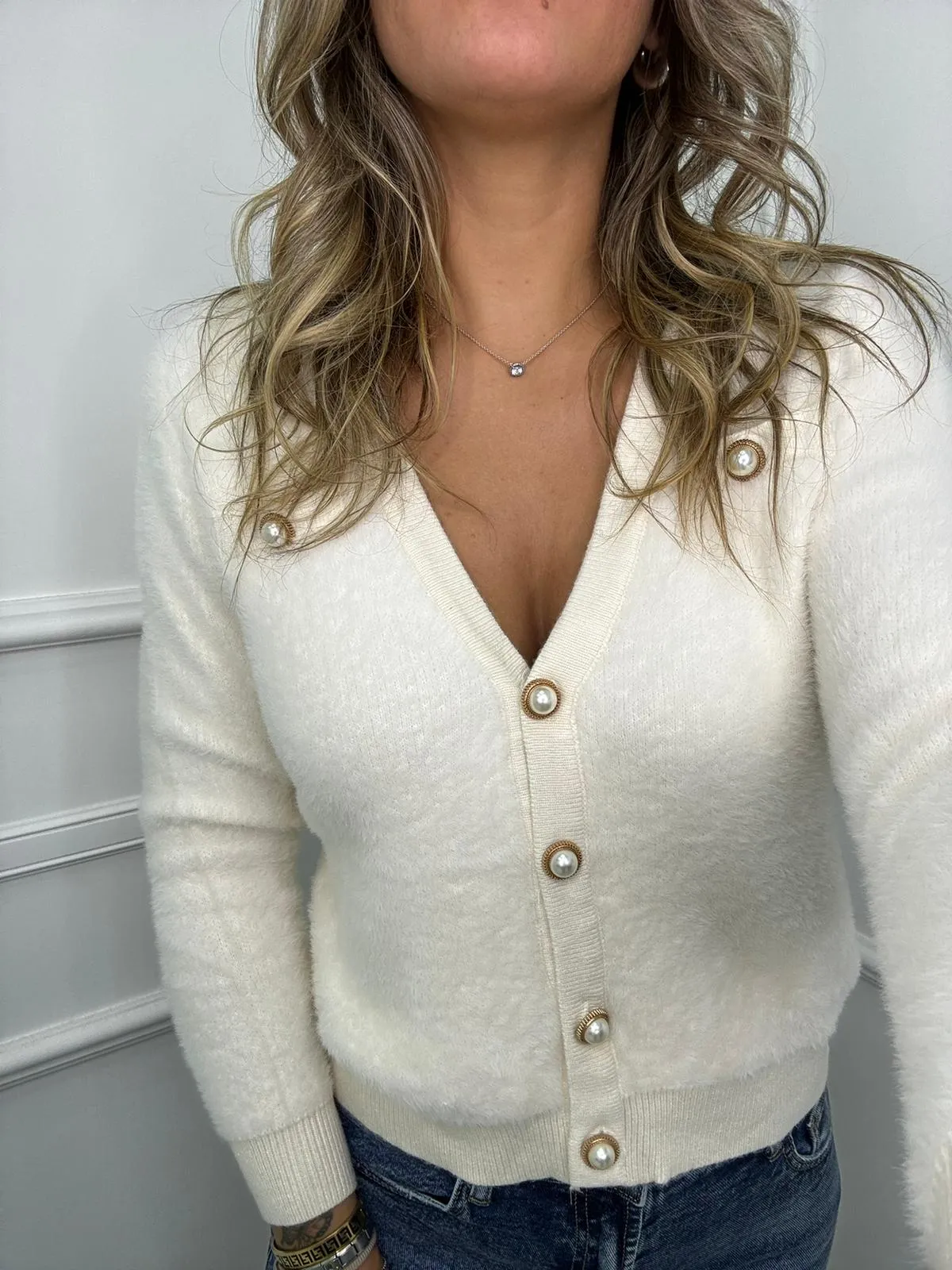 Cardigan in pelo scollo a V tinta unita