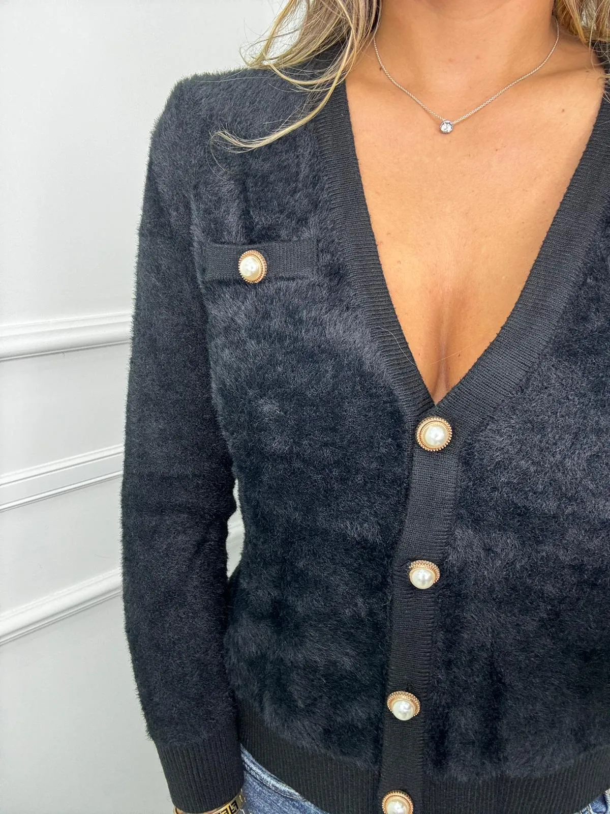Cardigan in pelo scollo a V tinta unita