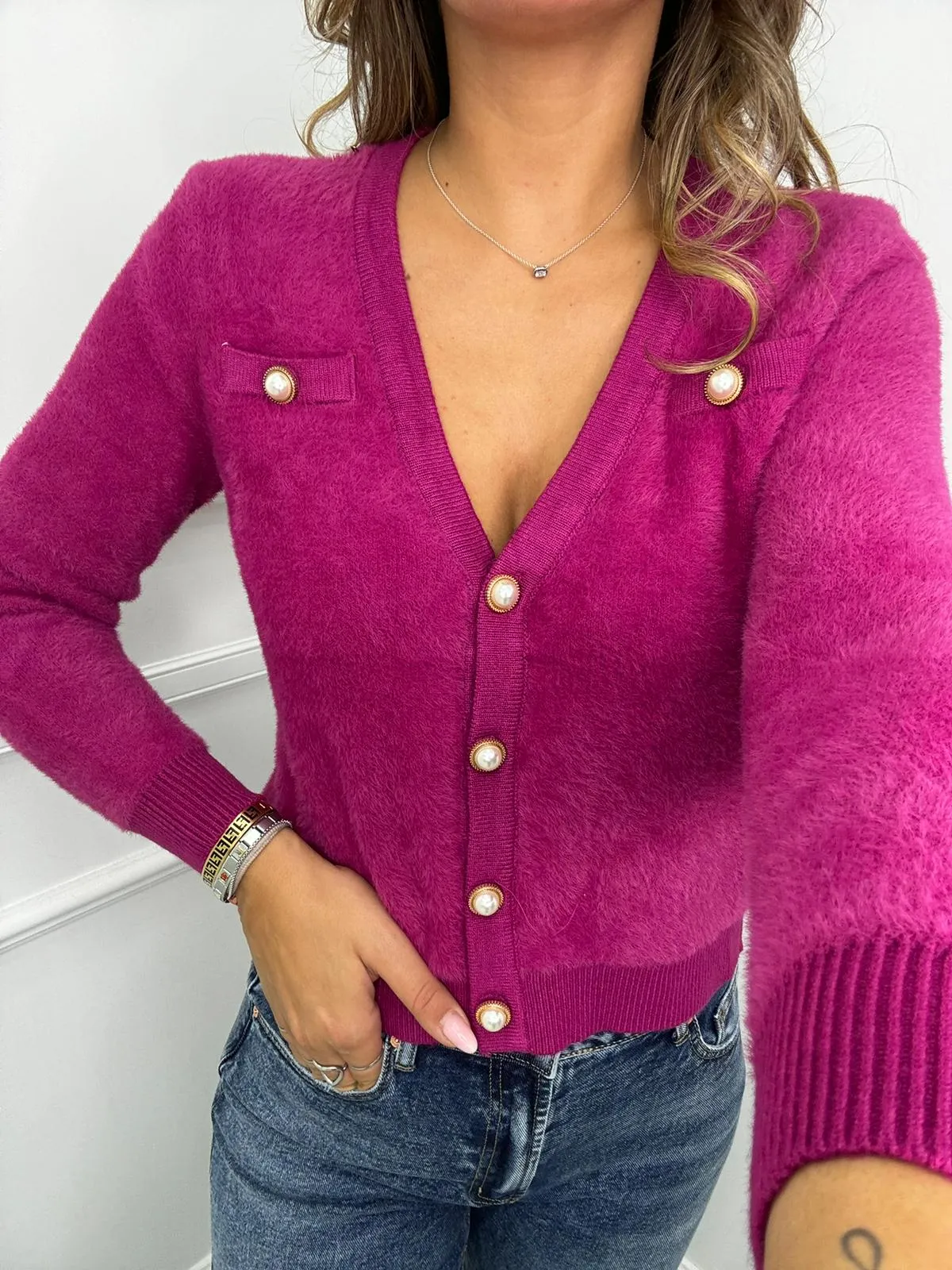 Cardigan in pelo scollo a V tinta unita