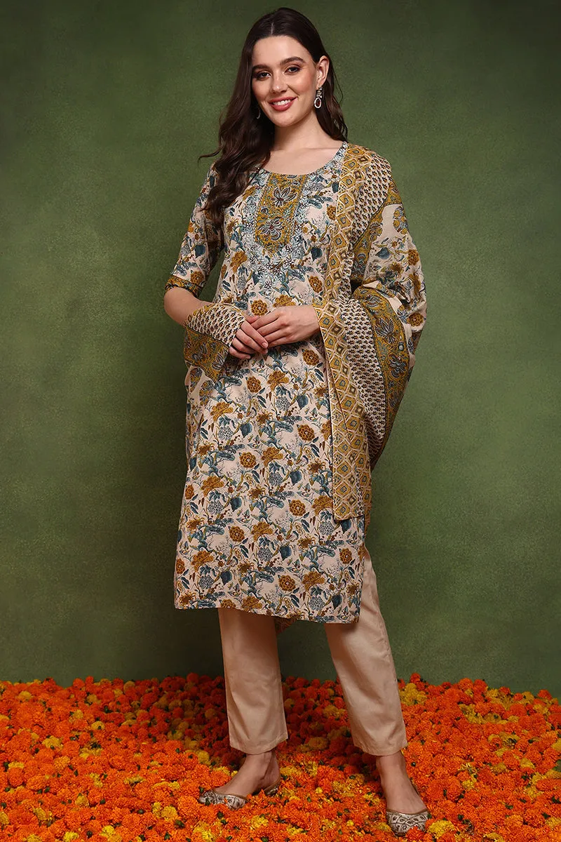 Cream Pure Cotton Floral Embroidered Straight Suit Set