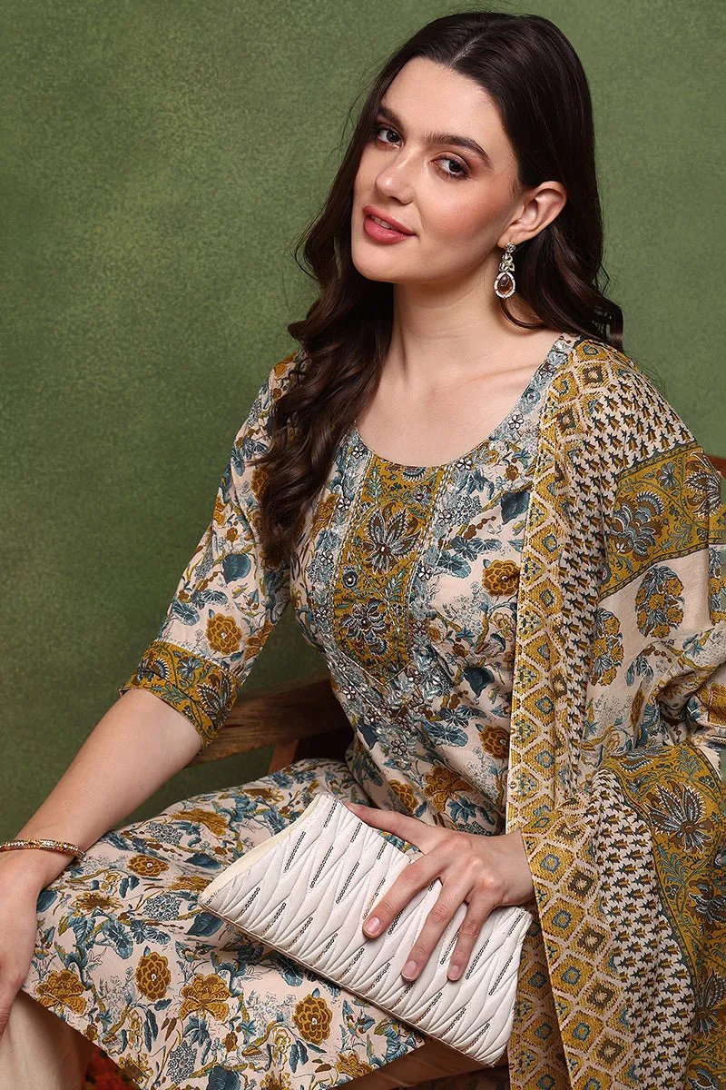 Cream Pure Cotton Floral Embroidered Straight Suit Set