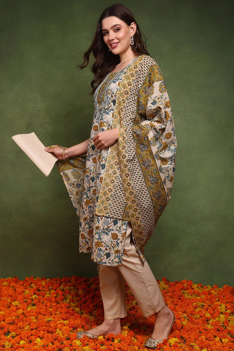 Cream Pure Cotton Floral Embroidered Straight Suit Set