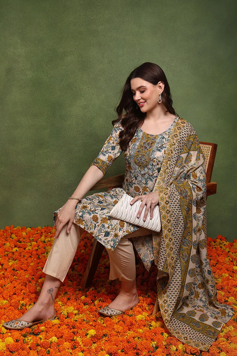 Cream Pure Cotton Floral Embroidered Straight Suit Set
