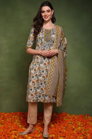 Cream Pure Cotton Floral Embroidered Straight Suit Set