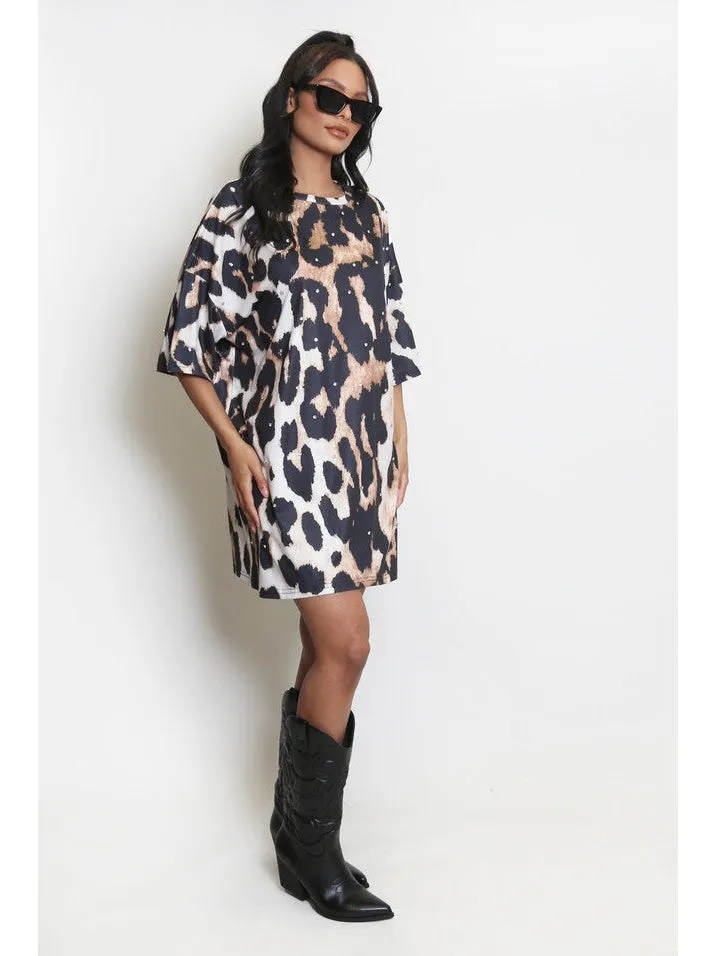 Diamante Leopard Print T-Shirt Dress