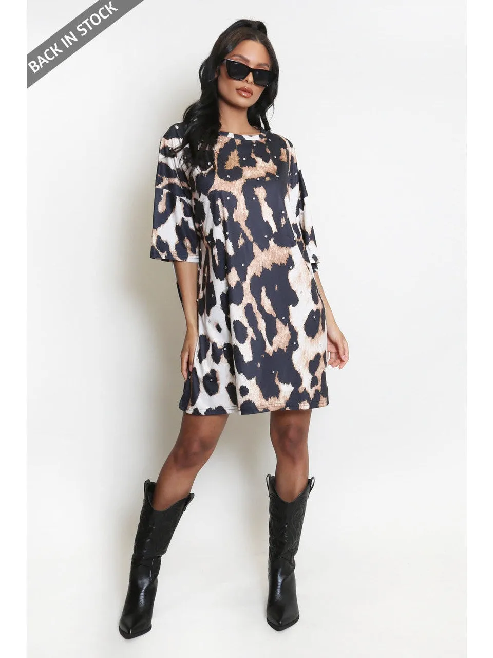 Diamante Leopard Print T-Shirt Dress