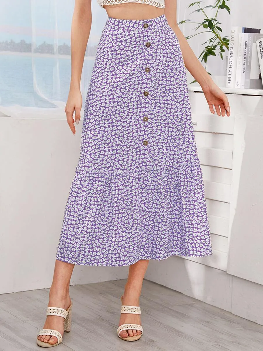 Ditsy Floral Print Button Front Ruffle Hem Skirt