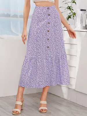 Ditsy Floral Print Button Front Ruffle Hem Skirt