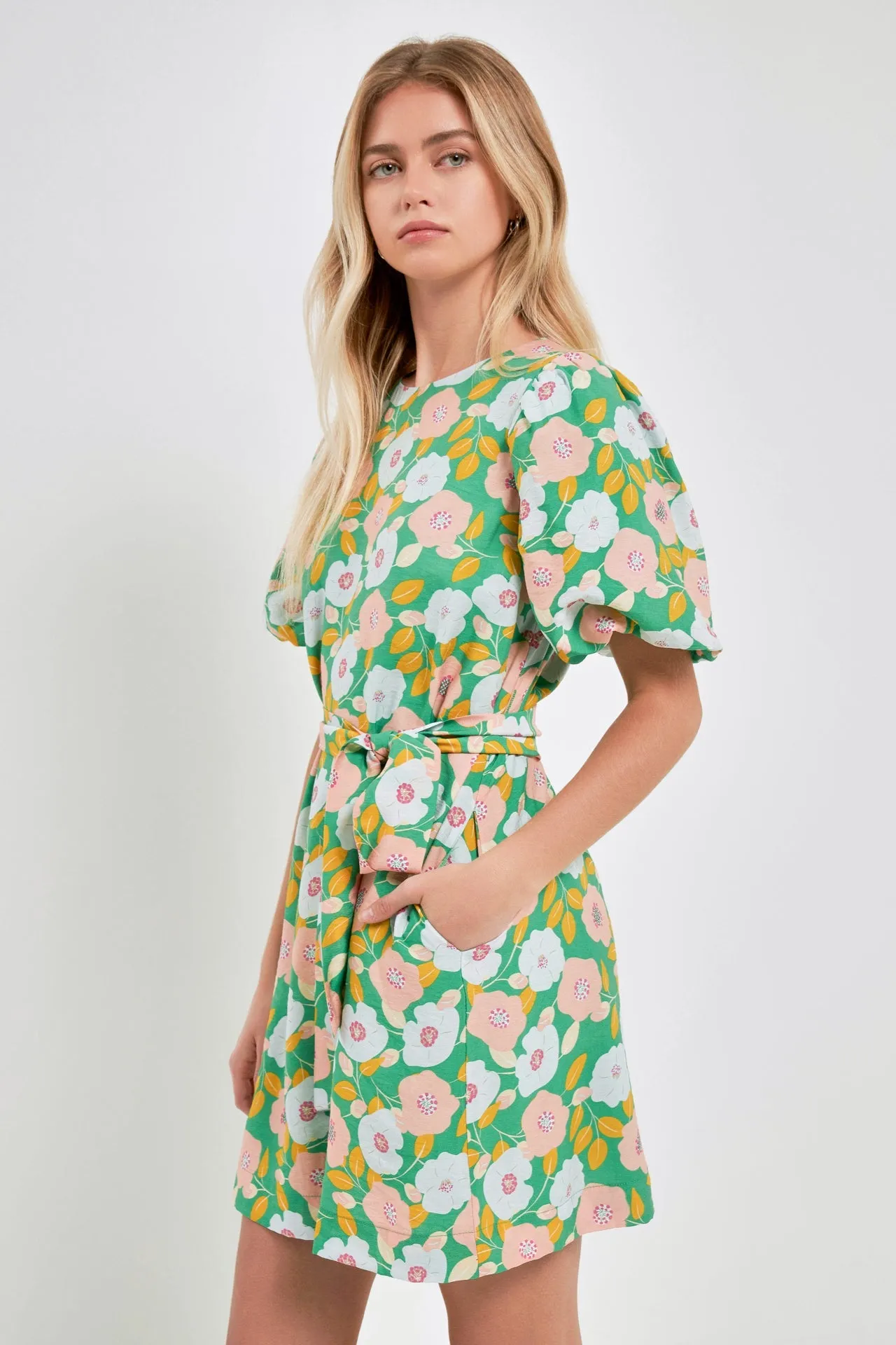 English Factory - Floral belted Puff Sleeve Mini Shift Dress