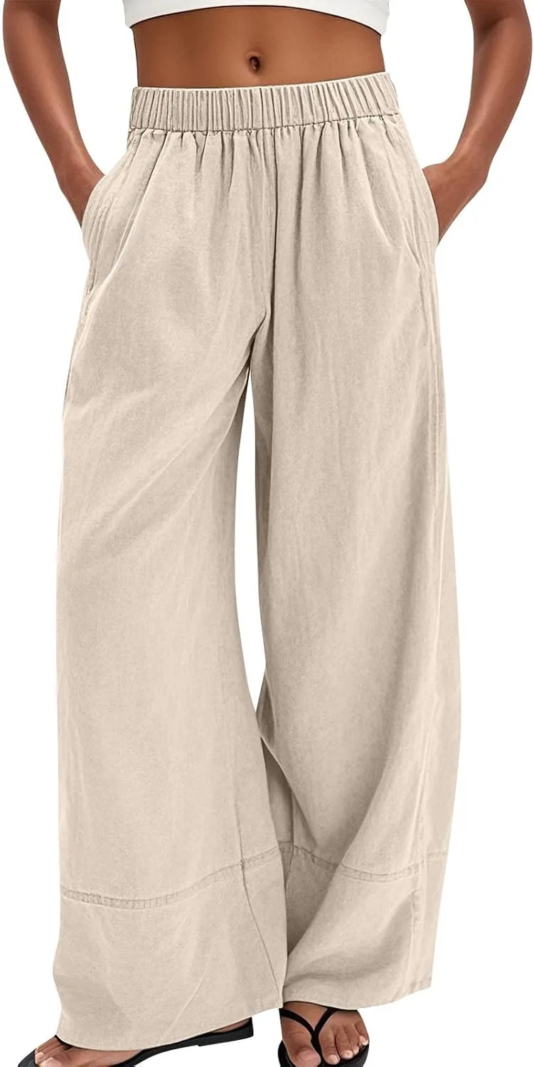 fanmpghleoo Linen Pants Women Summer Wide Leg Casual Palazzo Beach Pants Loose Lounge Linen Trousers with Pockets