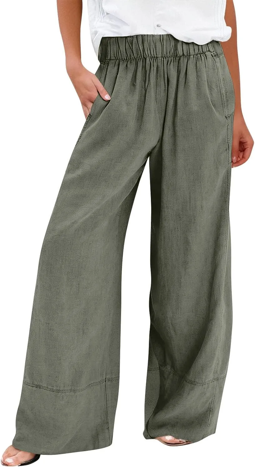 fanmpghleoo Linen Pants Women Summer Wide Leg Casual Palazzo Beach Pants Loose Lounge Linen Trousers with Pockets