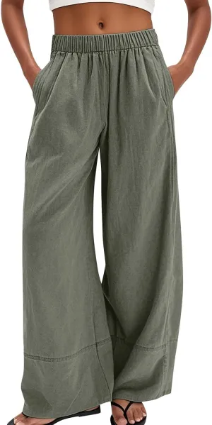 fanmpghleoo Linen Pants Women Summer Wide Leg Casual Palazzo Beach Pants Loose Lounge Linen Trousers with Pockets
