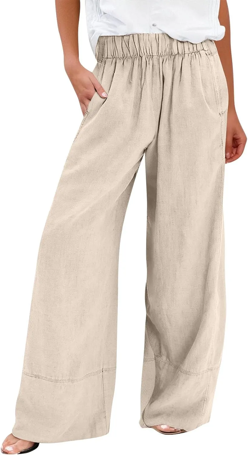 fanmpghleoo Linen Pants Women Summer Wide Leg Casual Palazzo Beach Pants Loose Lounge Linen Trousers with Pockets