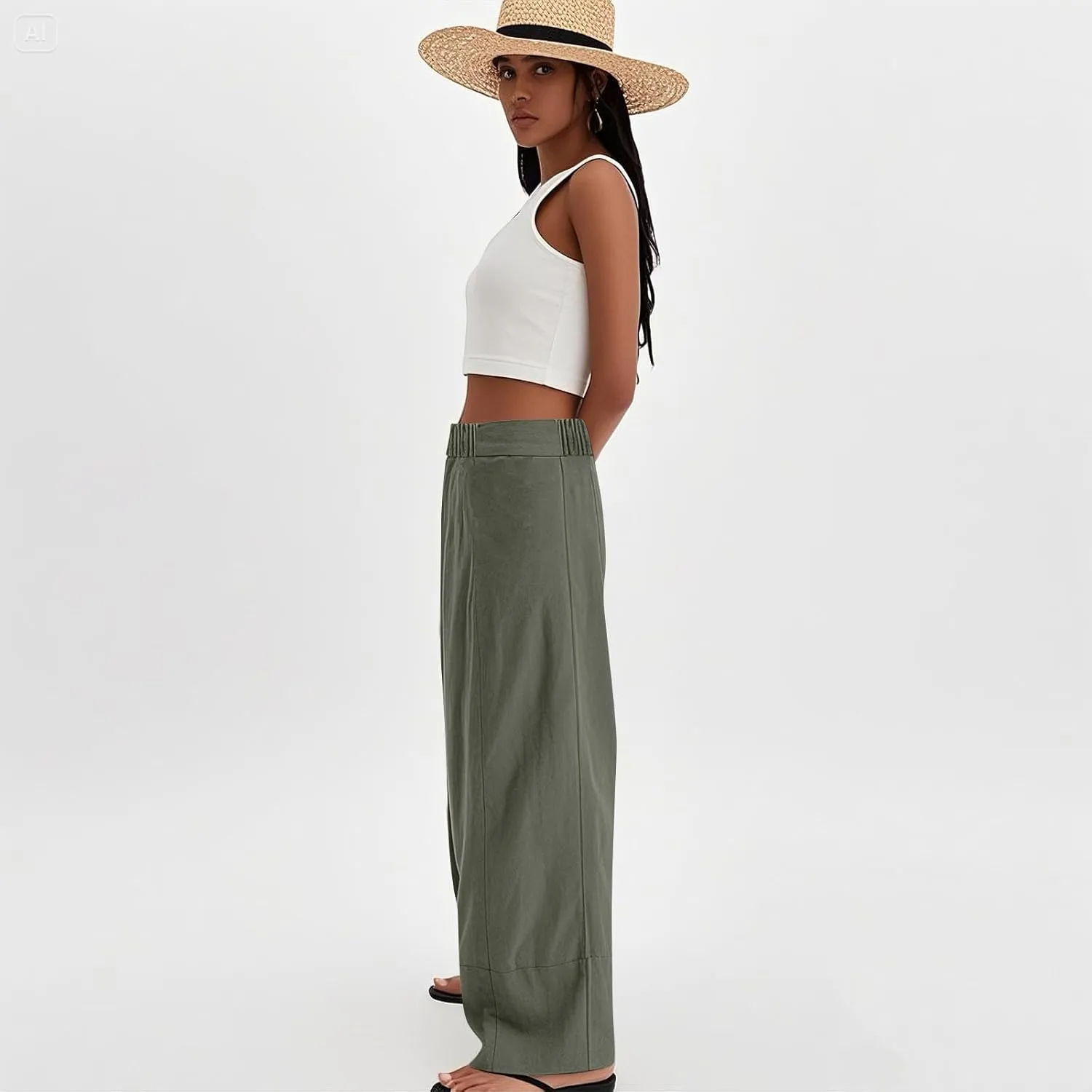fanmpghleoo Linen Pants Women Summer Wide Leg Casual Palazzo Beach Pants Loose Lounge Linen Trousers with Pockets