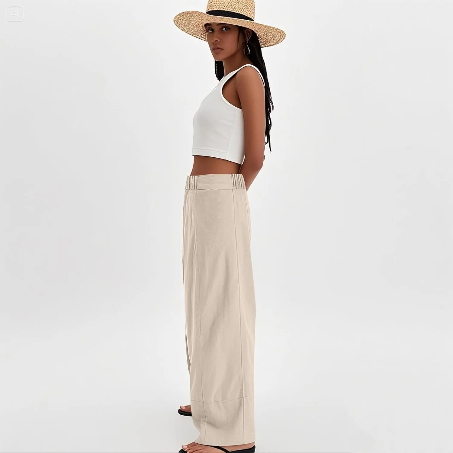 fanmpghleoo Linen Pants Women Summer Wide Leg Casual Palazzo Beach Pants Loose Lounge Linen Trousers with Pockets