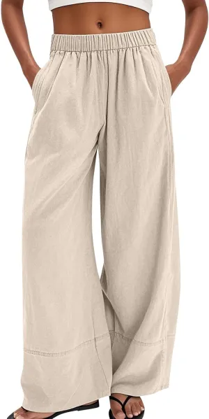 fanmpghleoo Linen Pants Women Summer Wide Leg Casual Palazzo Beach Pants Loose Lounge Linen Trousers with Pockets