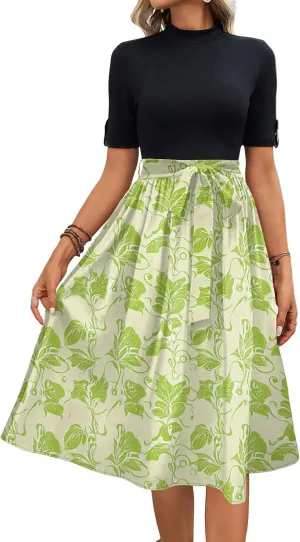 Floral Dresses Flowy Short Sleeve Empire Waist Summer Crewneck Midi Length Fashion Belted Sundresses for Women