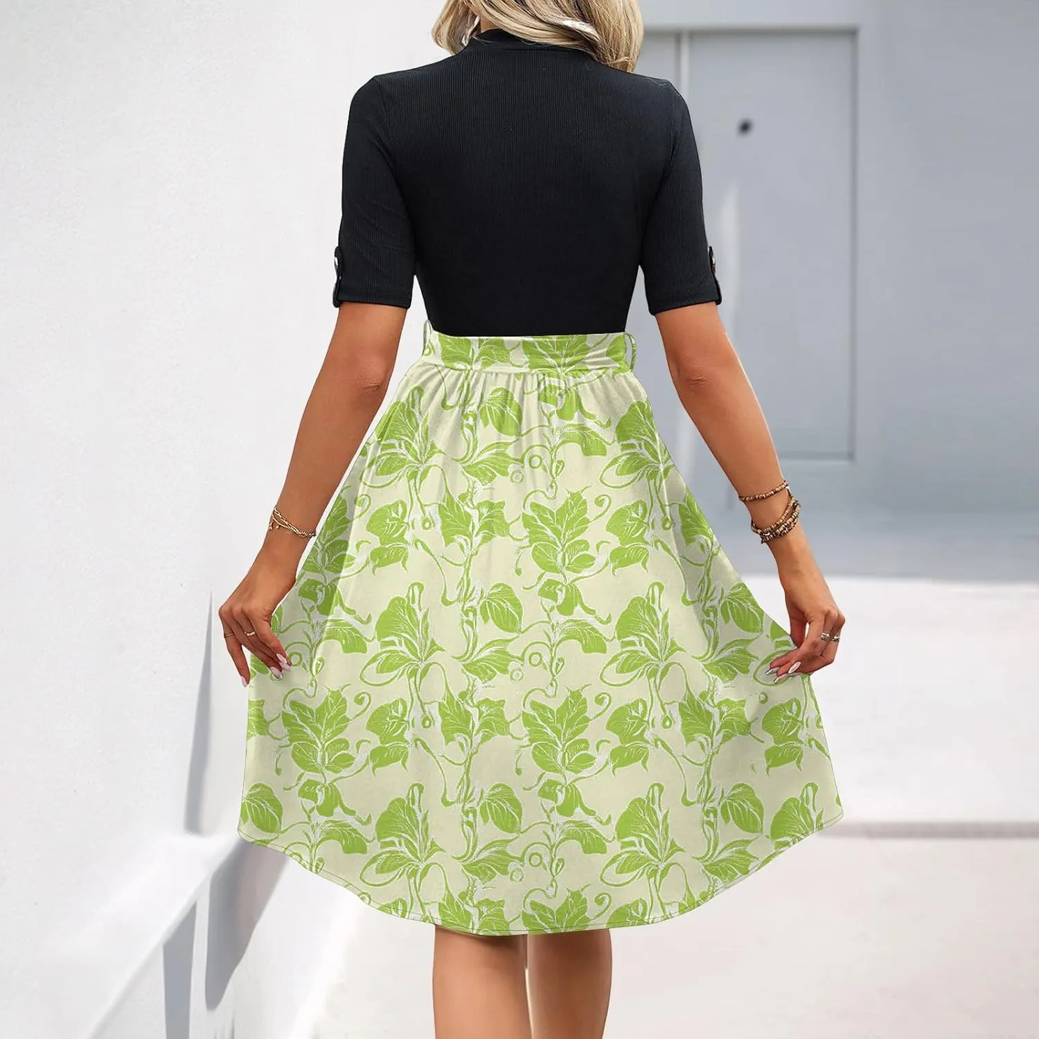 Floral Dresses Flowy Short Sleeve Empire Waist Summer Crewneck Midi Length Fashion Belted Sundresses for Women