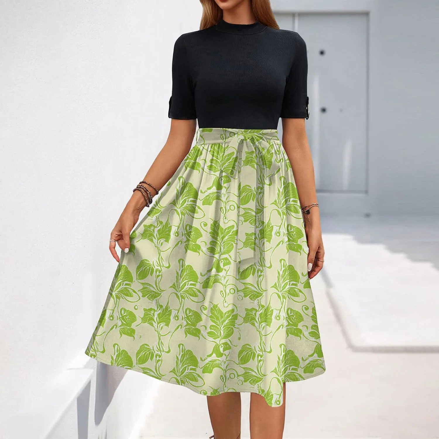 Floral Dresses Flowy Short Sleeve Empire Waist Summer Crewneck Midi Length Fashion Belted Sundresses for Women