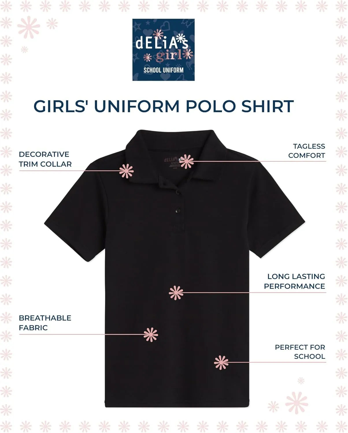 Girls' School Uniform Polo Shirt - 3 Pack Short Sleeve Picot Collar Polo - Interlock Soft Polo for Girls (4-16)