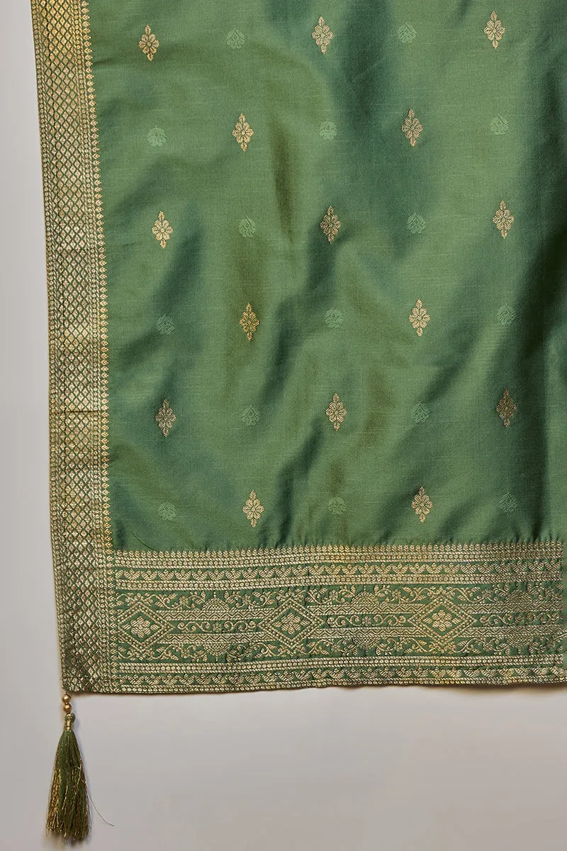 Green Silk Blend Ethnic Motifs Woven Design Straight Suit Set