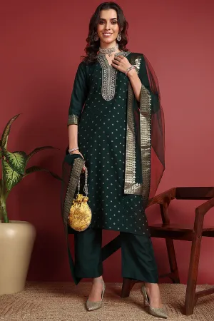 Green Silk Blend Woven Design Printed Straight Suit Set