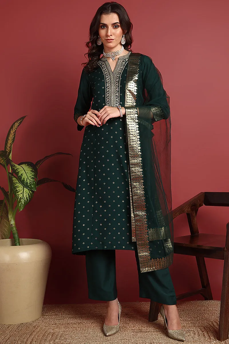 Green Silk Blend Woven Design Printed Straight Suit Set