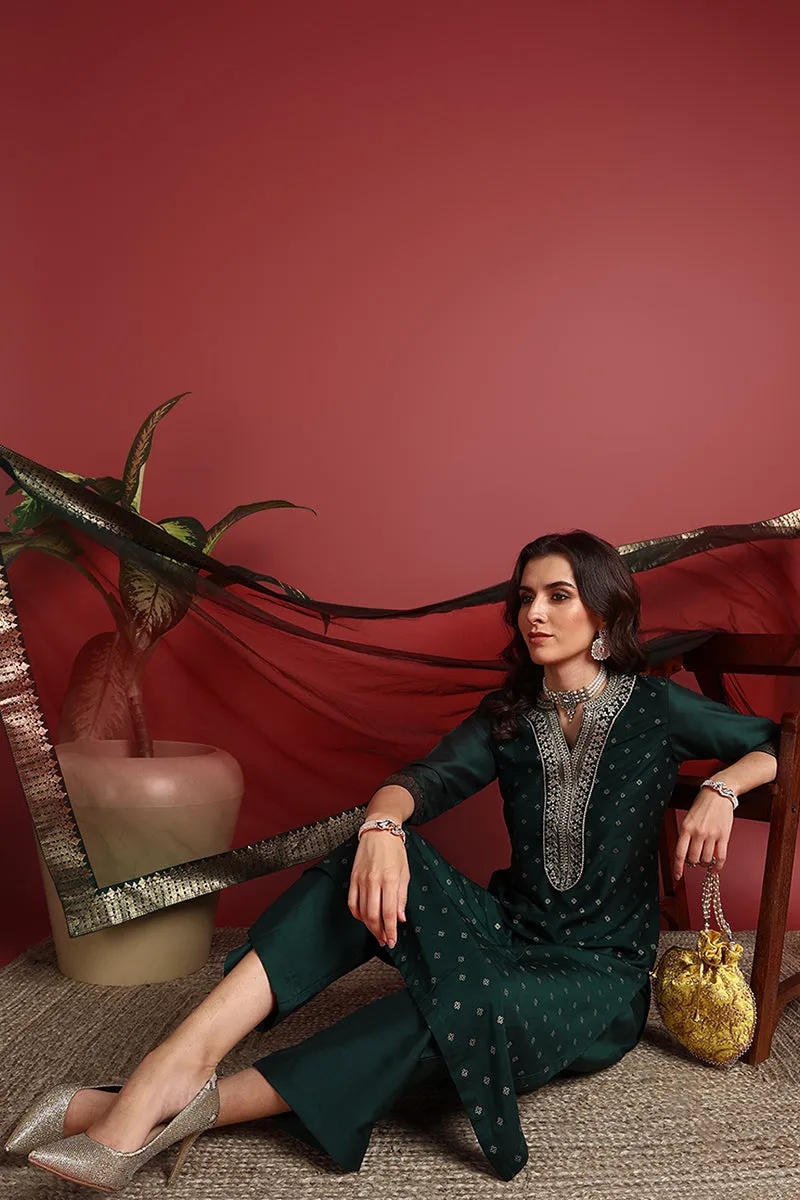 Green Silk Blend Woven Design Printed Straight Suit Set