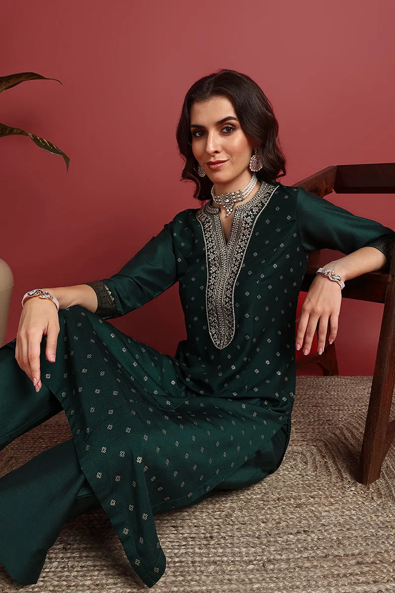 Green Silk Blend Woven Design Printed Straight Suit Set