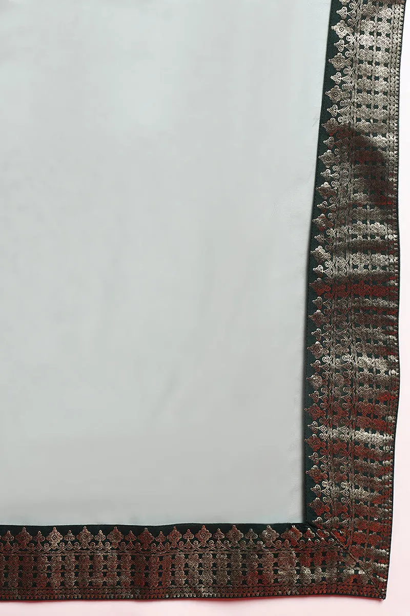Green Silk Blend Woven Design Printed Straight Suit Set